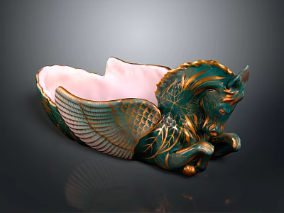 Decorative Winged Horse Figurine With Green Gold Accents And Pink Interior 3d model