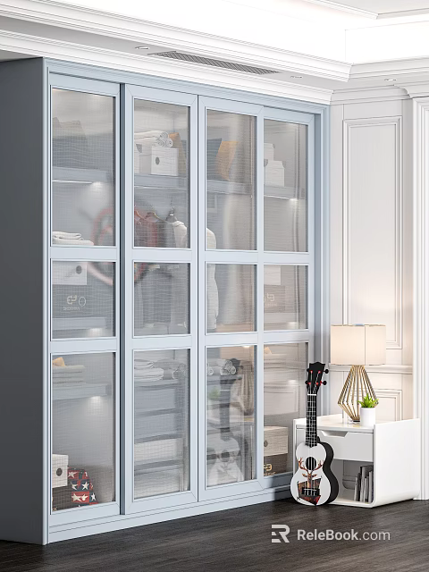 Modern Wardrobe With Glass Sliding Doors Storage Shelves And Table Lamp Decor 3d model 