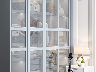 Modern Wardrobe With Glass Sliding Doors Storage Shelves And Table Lamp Decor 3d model