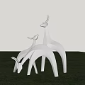Group of White Deer Sculptures on Green Grass with City Skyline and Blue Sky