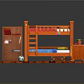 Wooden Bunk Bed Kids Bedroom With Bookshelf Nightstand And Pink Blue Mattresses