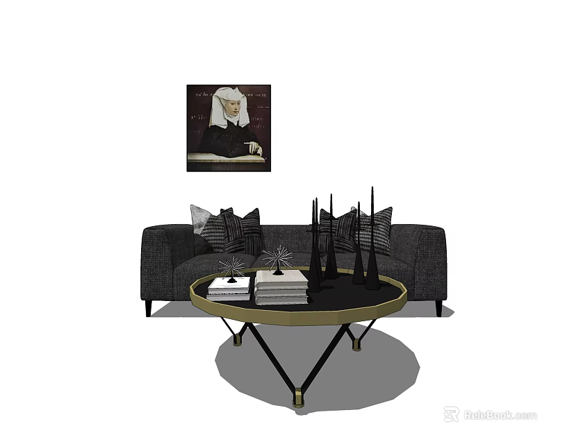 Modern Sofa Coffee Table Set With Decorative Pillows And Round Metal Frame 3d model 