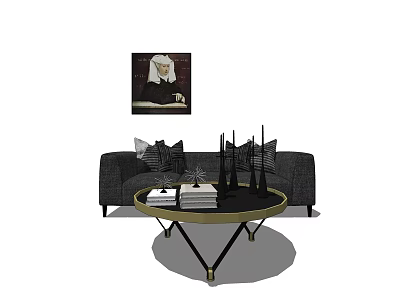 Modern Sofa Coffee Table Set With Decorative Pillows And Round Metal Frame 3d model