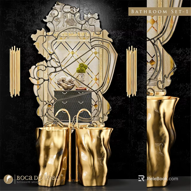 Golden Sculptural Washbasin With Decorative Mirror And Ornate Frame Design 3d model 
