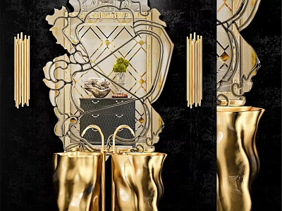 Golden Sculptural Washbasin With Decorative Mirror And Ornate Frame Design 3d model