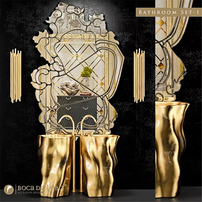 Golden Sculptural Washbasin With Decorative Mirror And Ornate Frame Design 3d model