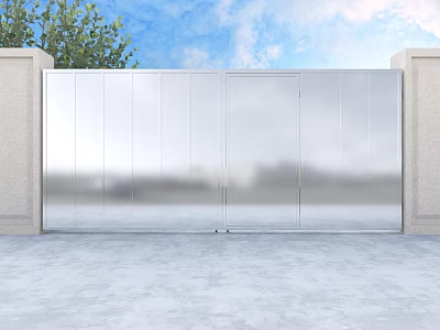 Modern Silver Metal Gate With Stone Pillars on Sides Against Blue Sky and Green Trees 3d model