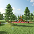 Park Landscape Featuring Green Trees Lush Lawn Wooden Benches Children Slide and Street Lamp
