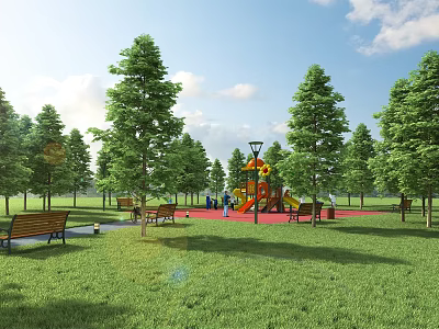Park Landscape Featuring Green Trees Lush Lawn Wooden Benches Children Slide and Street Lamp 3d model