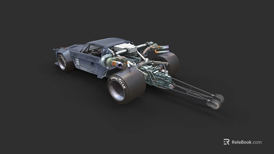 Modified Drag Race Car With Exposed Engine Large Tires And Dragster Chassis 3d model 