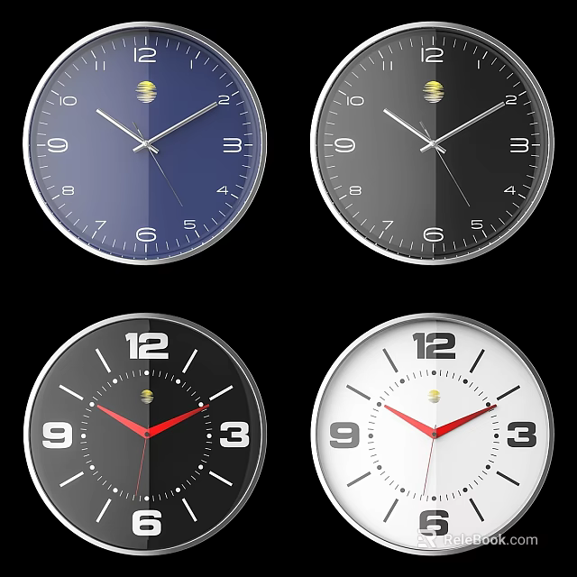 Four Stylish Wall Clocks With Various Colors Dial Numbers 12 3 6 9 Red Hands 3d model 