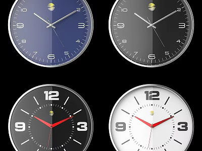 Four Stylish Wall Clocks With Various Colors Dial Numbers 12 3 6 9 Red Hands 3d model