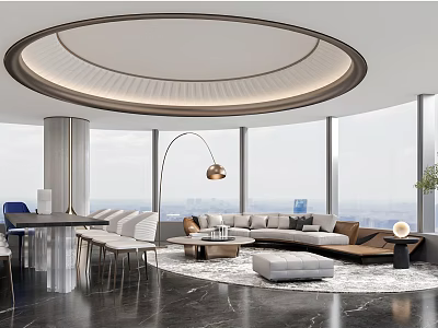 Modern Living Dining Room Interior Design With Circular Ceiling Large Windows And City View 3d model