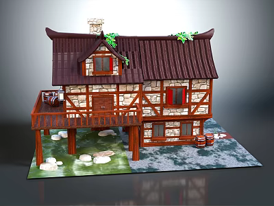 Cartoon Chinese Style House With Brown Roof Stone Walls Balcony Decorated Green Plants Small Stones 3d model