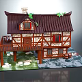 Cartoon Chinese Style House With Brown Roof Stone Walls Balcony Decorated Green Plants Small Stones