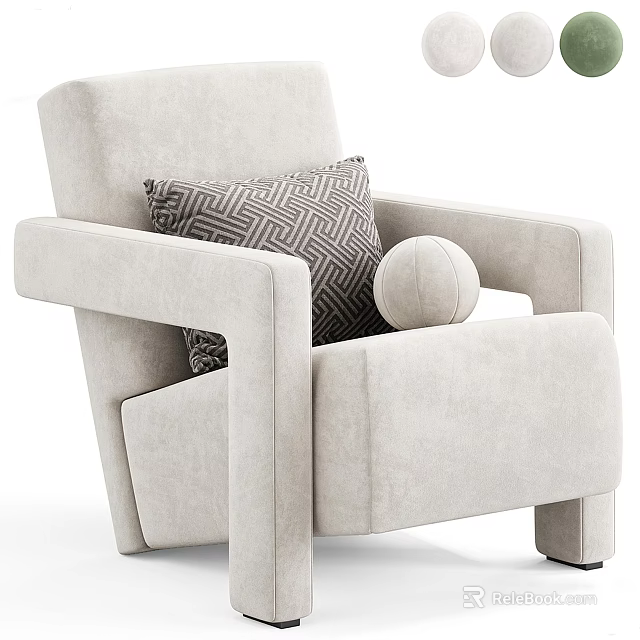 Beige Upholstered Single Sofa With Geometric Pattern Pillow And Decorative Ball 3d model 
