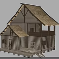Rustic Log House Architecture With Thatch Roof Wooden Porch Ladder And Wheel Accents