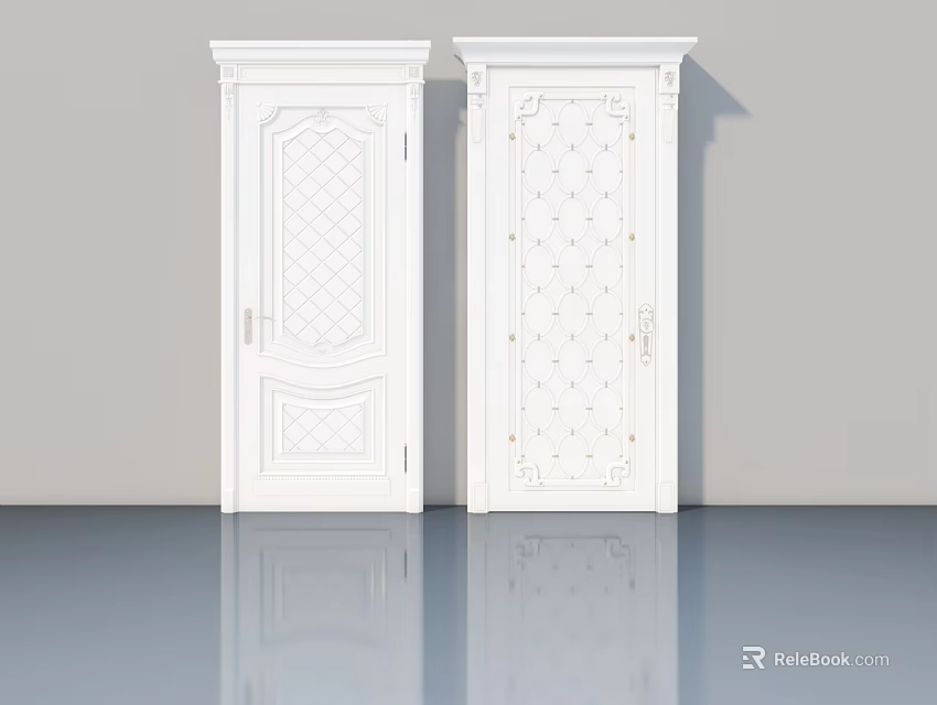 White Hinged Interior Doors With Elegant Carved Patterns For Home Decoration 3d model 