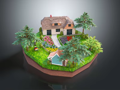 Cartoon Scene Featuring Small House With Thatched Roof Garden Flowers Trees and Stone Path 3d model