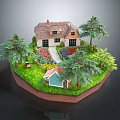 Cartoon Scene Featuring Small House With Thatched Roof Garden Flowers Trees and Stone Path