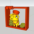 Decorative Ornament Set With Red Frame Golden Pig Figurine Gold Coins And Heart Decorations