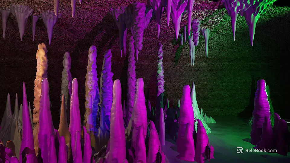 Colorful Cave Interior With Purple Green Illuminated Stalactites And Stalagmites 3d model 