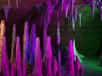 Colorful Cave Interior With Purple Green Illuminated Stalactites And Stalagmites 3d model