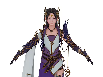 Elegant Woman Wearing Purple And White Traditional Costume With Golden Decorations And Ornaments 3d model