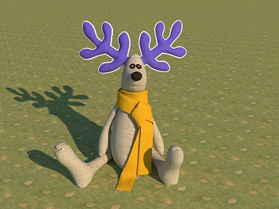 White Stuffed Toy with Purple Antlers and Yellow Scarf Sitting on Green Grass Field 3d model