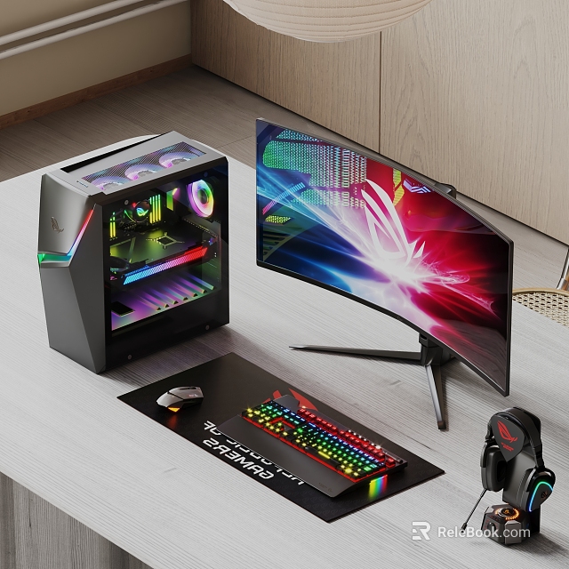 Gaming PC Setup With RGB Case Curved Monitor Mechanical Keyboard Mouse And Headset 3d model 