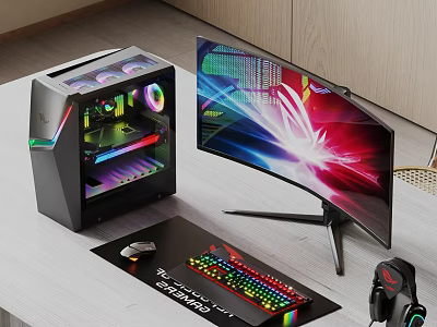 Gaming PC Setup With RGB Case Curved Monitor Mechanical Keyboard Mouse And Headset 3d model