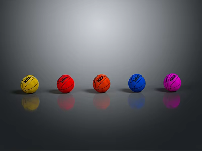Colorful Basketballs Arranged In Row With Gray Background And Reflections 3d model