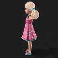 Cute Blonde Girl In Pink Floral Dress With Pigtails And Pink Shoes