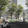Modern Plaza Landscape with High Rise Buildings Trees Shaded Canopy Smooth Stone Pavement and People