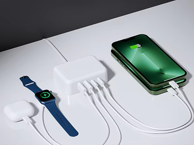 Green Smartphone Charging Set With Multi Port Charger Blue Smartwatch And White Wireless Earbuds 3d model