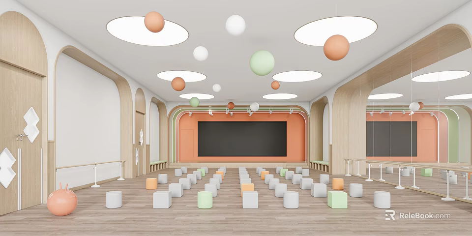 Bright Kindergarten Interior Featuring Circular Ceiling Lights Colorful Spherical Decorations Large Screen And Small Stools 3d model
