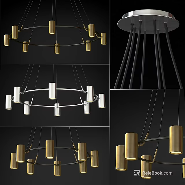 Modern Chandelier Design With Gold Silver Cylinder Lights And Ring Structure 3d model