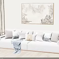 Light Gray Two Seater Sofa With Multiple Pillows Blue Throw Blanket And Landscape Painting 3d model