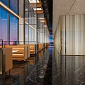 Modern Elevator Hallway With Large Windows Night View Marble Flooring Sofa Seats And Glass Partitions