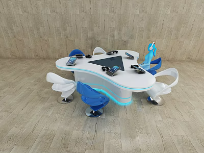 Modern Round Office Desk with White Tabletop Blue White Chairs Phones Tablet And Blue Lighting 3d model