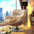 Cozy Beige Single Sofa With Blanket By Window Overlooking City View And Bookshelf