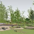 Natural Garden Landscape Design With Various Trees Bamboo Stone Benches And Grassy Areas