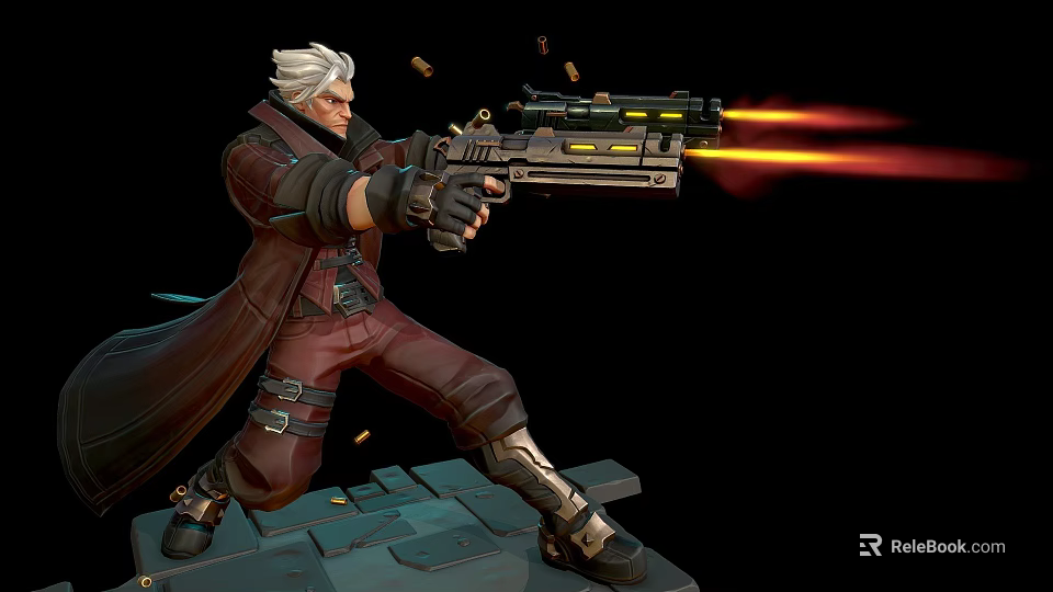 White Haired Game Film Character In Red Coat Holding Gun Firing Flame In Battle Stance 3d model 