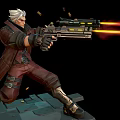 White Haired Game Film Character In Red Coat Holding Gun Firing Flame In Battle Stance