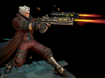 White Haired Game Film Character In Red Coat Holding Gun Firing Flame In Battle Stance 3d model