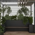 Modern Open Structure Featuring Metal Frame Green Plant Wall Bench Seating And Wooden Floor