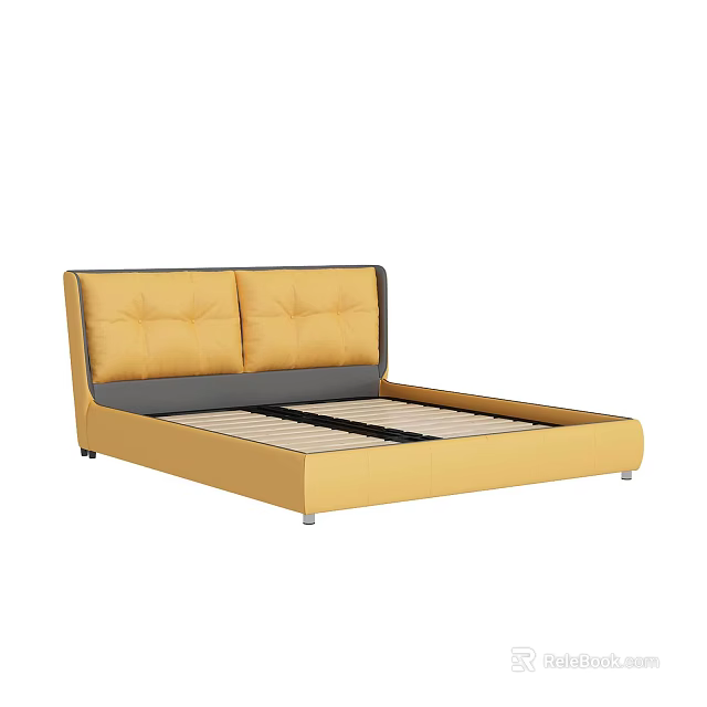 Yellow Upholstered Headboard Double Bed With Two Cushions Modern Simple Frame 3d model 