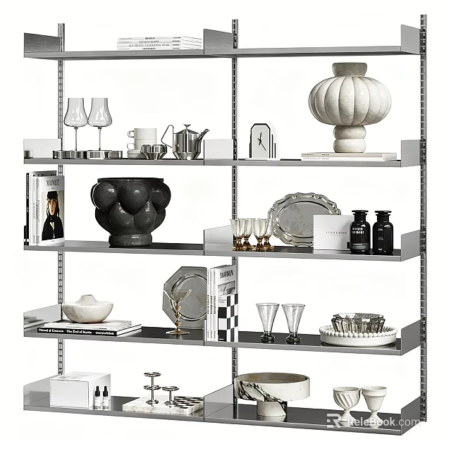Tableware Set Displayed on Modern Metal Shelves with Cups Plates Vases and Decorative Items 3d model 