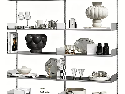 Tableware Set Displayed on Modern Metal Shelves with Cups Plates Vases and Decorative Items 3d model