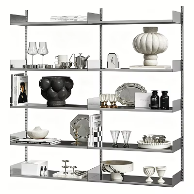 Tableware Set Displayed on Modern Metal Shelves with Cups Plates Vases and Decorative Items 3d model